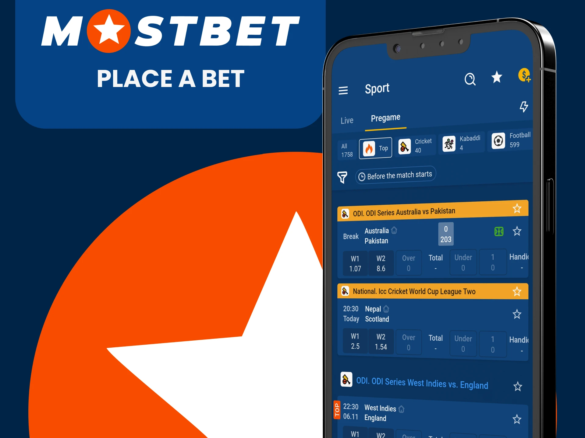 Visit the sports section for betting in the Mostbet application.