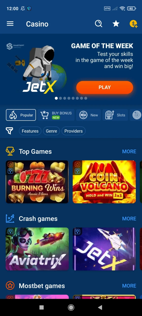 The Mostbet app has a casino section.