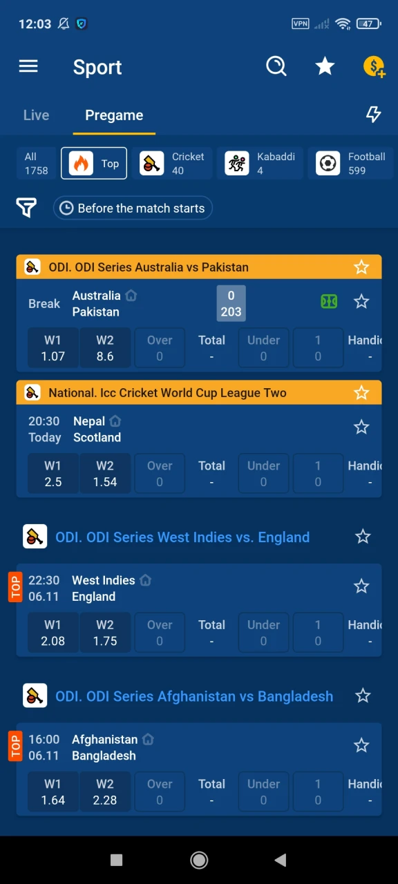 Explore the sports section in the Mostbet application.