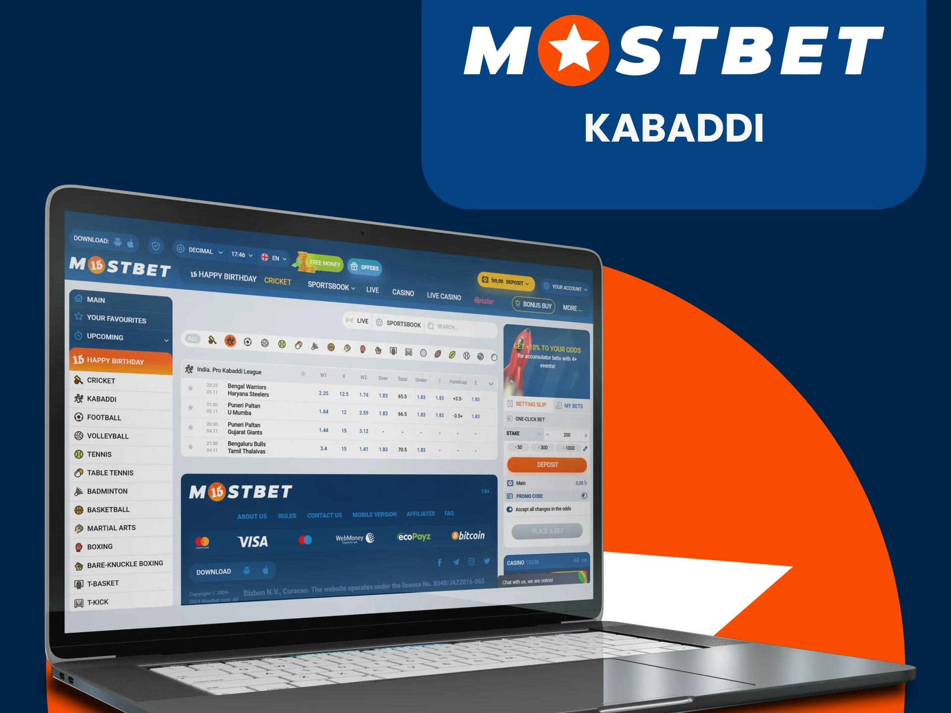 Place bets on kabaddi with Mostbet.