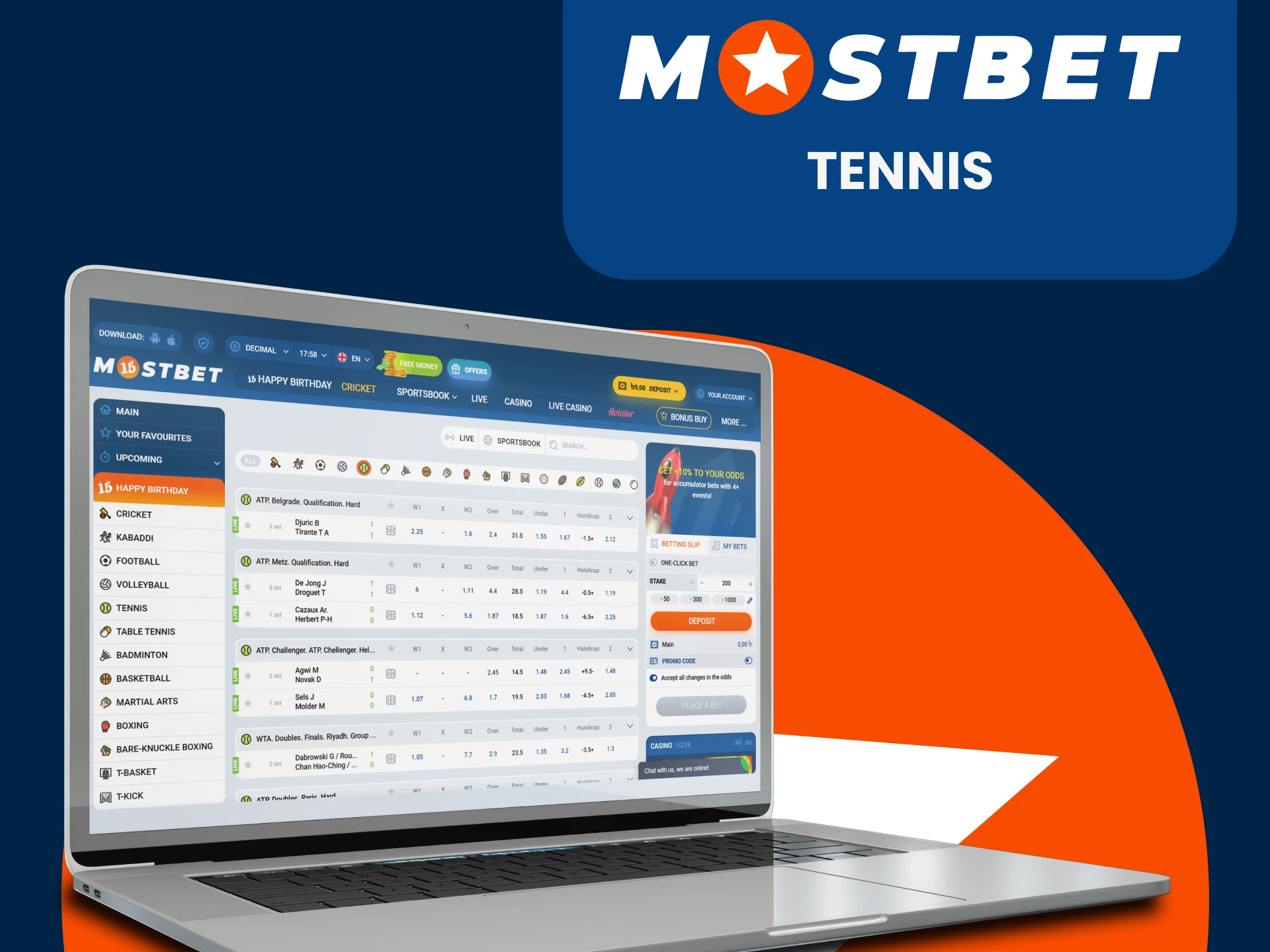 Place bets on tennis with Mostbet.