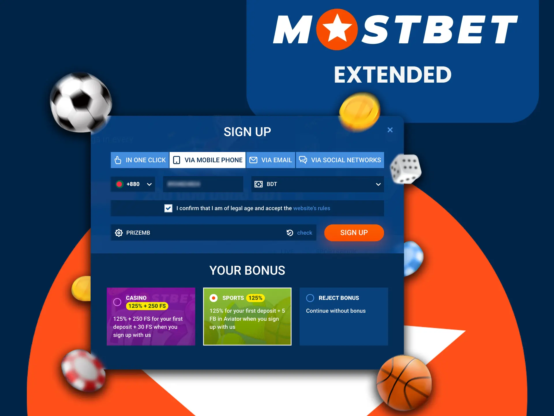 Complete the extended version of registration on Mostbet.