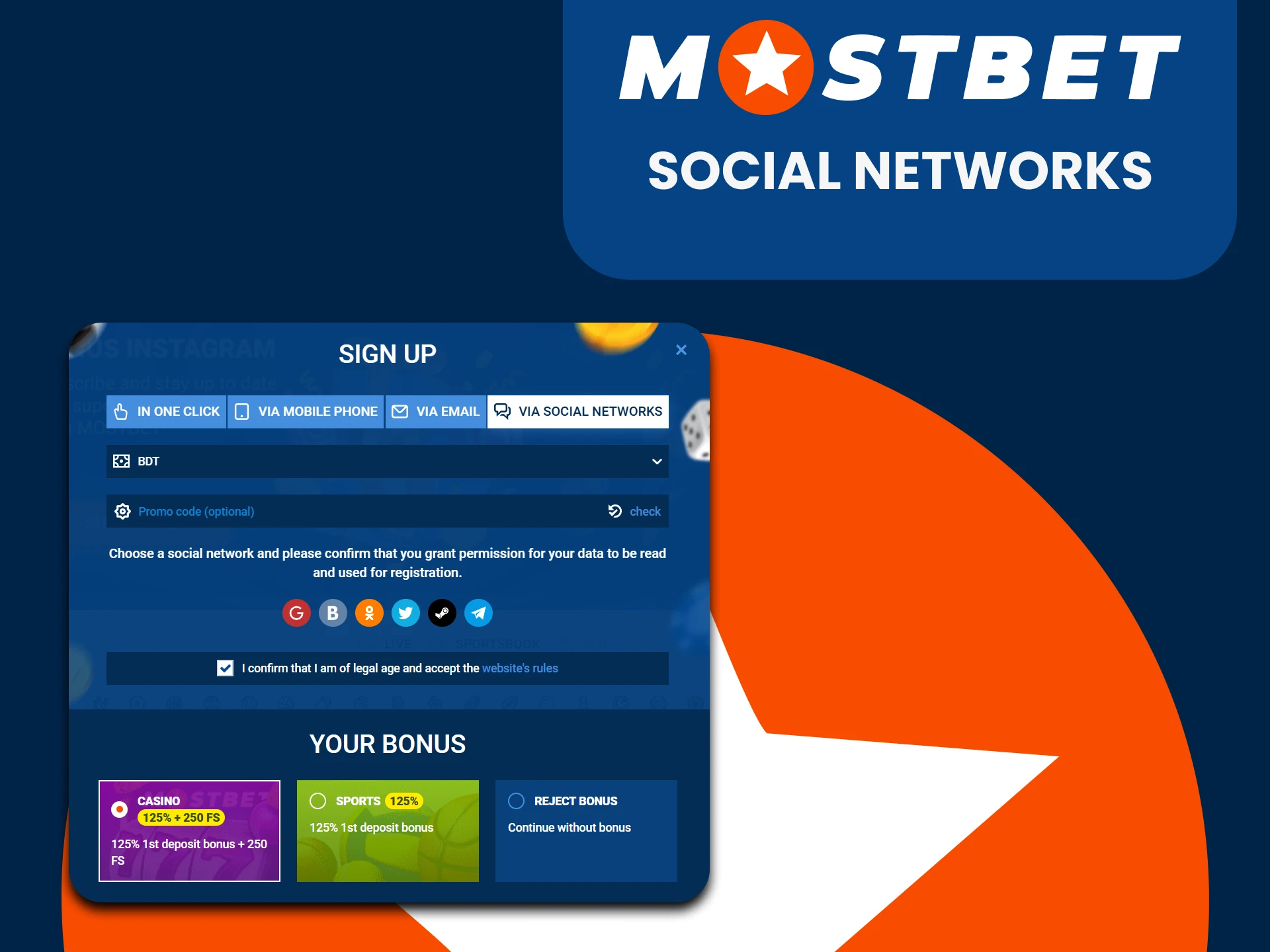 Use social networks to register with Mostbet.