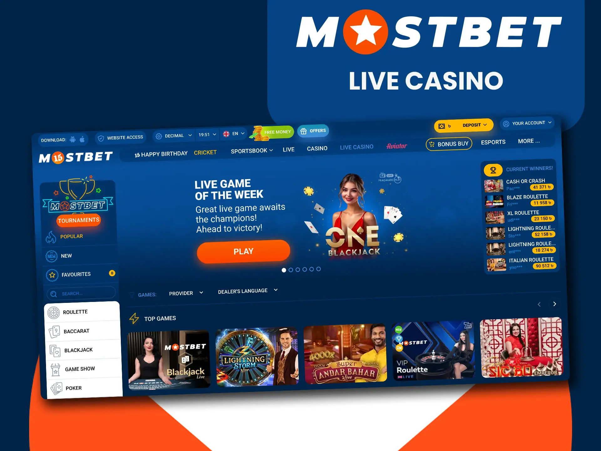 Visit the live casino section at Mostbet.