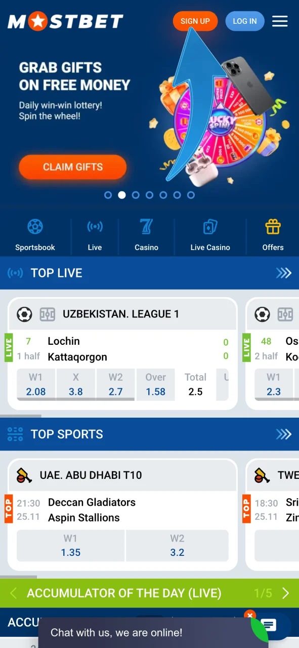 Click Sign Up on Mostbet to open the form and start registration.