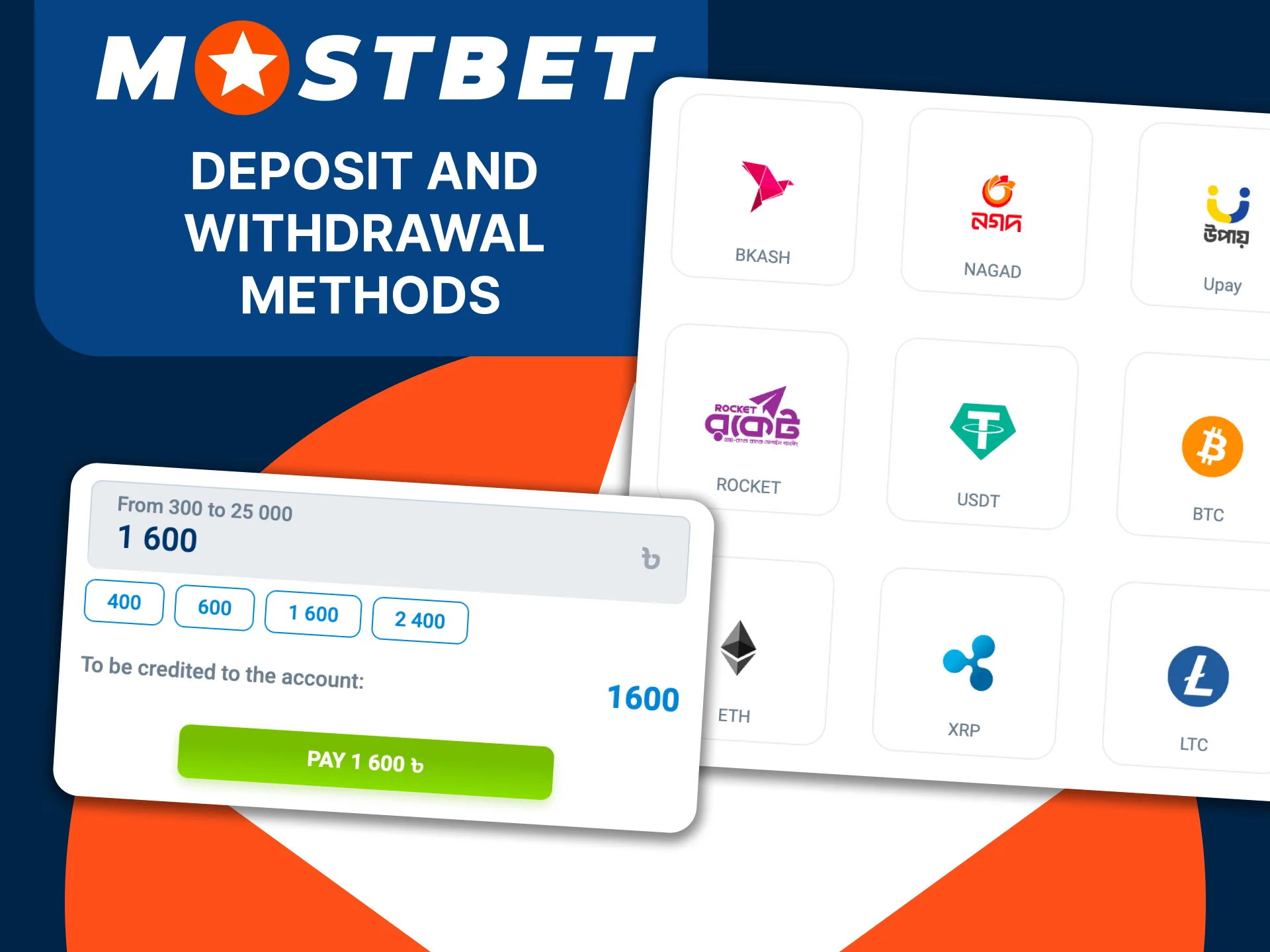Deposit and withdraw securely on Mostbet using Nagad, Upay, or Bkash.